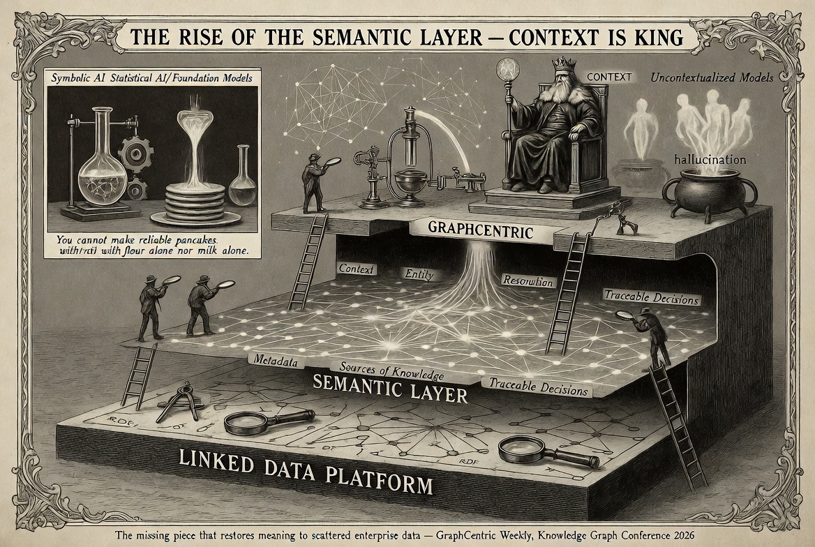 Illustration representing a semantic layer that connects business context for humans and AI agents.